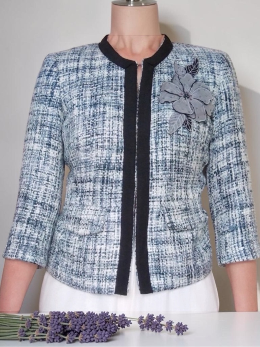 Arden B Blue & White Tweed Floral Applique Jacket